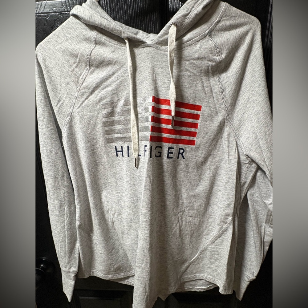 Tommy Hilfiger Light Gray Hoodie with Red and Blue Logo